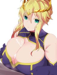 Rule 34 | 1boy, 1girl, ahoge, artoria pendragon (fate), artoria pendragon (lancer) (fate), bare shoulders, blue gloves, braid, breasts, cleavage, cleavage cutout, clothing cutout, crown, cum, cum on body, cum on breasts, cum on upper body, elbow gloves, empty pool, eyelashes, fate/grand order, fate (series), french braid, gloves, hair between eyes, hetero, highres, huge breasts, kuro mushi, paizuri, paizuri under clothes, pool, sidelocks, simple background, solo focus, sweat, white background