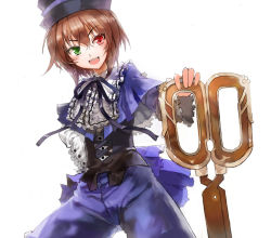 Rule 34 | 00s, 1girl, asuka shirou, blush, brown hair, female focus, frills, green eyes, hat, heterochromia, open mouth, red eyes, rozen maiden, scissors, simple background, solo, solo focus, souseiseki, teeth, white background