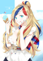 Rule 34 | 1girl, ;p, blue hair, blue nails, breasts, cleavage, commandant teste (kancolle), cowboy shot, food, french flag, ice cream, ice cream cone, kantai collection, looking at viewer, medium breasts, morinaga miki, multicolored hair, nail polish, one eye closed, red hair, solo, tongue, tongue out, waffle cone, white hair