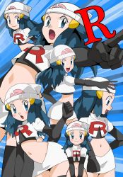 Rule 34 | blue eyes, blue hair, cosplay, creatures (company), dawn (pokemon), game freak, hainchu, highres, navel, nintendo, pokemon, striped, striped background, team rocket (cosplay)