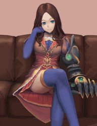 Rule 34 | 1girl, blue eyes, blue gloves, blue thighhighs, brown hair, closed mouth, commentary request, couch, crossed legs, fate/grand order, fate (series), gauntlets, gem, gloves, highres, leonardo da vinci (fate), long hair, looking at viewer, parted bangs, ranma (kamenrideroz), single gauntlet, sitting, smile, solo, star (symbol), thighhighs