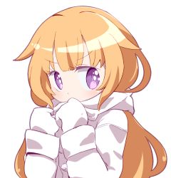 Rule 34 | 1girl, blonde hair, character request, coat, copyright request, female focus, gloves, long hair, purple eyes, scarf, simple background, solo, utsubo (utb), white background