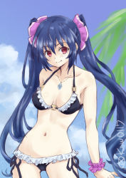 Rule 34 | armband, bare shoulders, beach, bikini, black hair, blue sky, breasts, cleavage, cloud, highres, jewelry, kow (kow0117), long hair, medium breasts, navel, necklace, neptune (series), noire (neptunia), ocean, palm tree, red eyes, ribbon, sky, smile, swimsuit, thighs, tree, tsundere, twintails, water