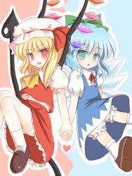 Rule 34 | 2girls, aqua eyes, ascot, blonde hair, bloomers, blue hair, bow, brown footwear, child, cirno, collared shirt, dress, fang, female focus, flandre scarlet, frilled shirt collar, frilled skirt, frills, green bow, hair bow, hat, hat ribbon, holding hands, ice, ice wings, laevatein, mob cap, multiple girls, neck ribbon, open mouth, panties, pantyshot, puffy short sleeves, puffy sleeves, red eyes, red ribbon, red skirt, ribbon, ry (yagoyago), shirt, shoes, shoot the bullet, short hair, short sleeves, skirt, socks, touhou, tsurime, underwear, white bloomers, white hat, white legwear, white shirt, wings, yellow ascot