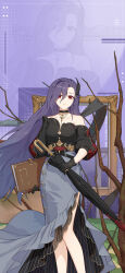 Rule 34 | 1girl, bare legs, black choker, black gloves, black sleeves, black umbrella, book, branch, breasts, cezanne (honkai impact), chinese commentary, choker, closed mouth, closed umbrella, collarbone, feather hair ornament, feathers, feet out of frame, gloves, hair between eyes, hair ornament, highres, holding, holding book, holding pencil, holding umbrella, honkai (series), honkai impact 3rd, jewelry, long hair, long skirt, medium breasts, necklace, official art, official wallpaper, painting (object), pencil, purple hair, red eyes, skirt, solo, standing, umbrella