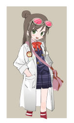 Rule 34 | 1girl, :d, ace attorney, bag, blue skirt, border, bow, bowtie, brown hair, ema skye, eyewear on head, feet out of frame, from side, green eyes, grey background, hair bun, hand in pocket, id card, lab coat, long hair, looking at viewer, open clothes, open mouth, outside border, plaid, plaid skirt, pleated skirt, red-tinted eyewear, red bow, red bowtie, red legwear, shoulder bag, simple background, single hair bun, skirt, sleeves past elbows, sleeves rolled up, smile, solo, striped legwear, swept bangs, tinted eyewear, white border, wing collar