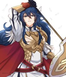 Rule 34 | 1girl, absurdres, armor, blue eyes, blue hair, breastplate, cape, feather trim, feathers, fire emblem, fire emblem awakening, fire emblem heroes, highres, holding, holding polearm, holding shield, holding weapon, long hair, looking at viewer, lucina (brave princess) (fire emblem), lucina (brave princess) (resplendent) (fire emblem), lucina (fire emblem), nintendo, official alternate costume, parted lips, polearm, puffy sleeves, red cape, shield, shoulder armor, sierra117renner, solo, teeth, v-shaped eyebrows, weapon, white background, wing hair ornament