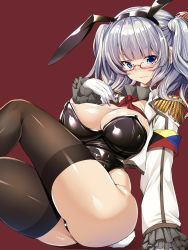 Rule 34 | &gt;:3, 1girl, :3, absurdres, animal ears, areola slip, beret, bespectacled, black leotard, black thighhighs, blue eyes, blunt bangs, blush, breasts, epaulettes, fake animal ears, frilled sleeves, frills, glasses, gloves, hat, highres, kantai collection, kashima (kancolle), kerchief, large breasts, leotard, looking at viewer, military, military uniform, playboy bunny, rabbit ears, rabbit tail, red-framed eyewear, shiny clothes, shiny skin, simple background, smile, solo, strapless, strapless leotard, tail, thighhighs, torisan, tsurime, twintails, uniform, v-shaped eyebrows, wavy hair, white gloves