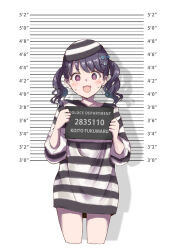 Rule 34 | 1girl, @ @, black hair, blush, collarbone, cropped legs, english text, engrish text, fangs, flower, fukumaru koito, hair flower, hair ornament, height chart, height mark, highres, holding, holding sign, idolmaster, idolmaster shiny colors, looking at viewer, mugshot, open mouth, prison clothes, purple eyes, ranguage, satomura kyou, sign, skin fangs, solo, sweat, twintails, upper body