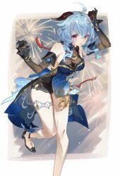 Rule 34 | 1girl, bare legs, black footwear, black gloves, blue dress, blue hair, breasts, commentary request, detached sleeves, dress, ganyu (genshin impact), ganyu (twilight blossom) (genshin impact), genshin impact, gloves, highres, horns, long hair, long sleeves, looking at viewer, medium breasts, official alternate costume, parted lips, purple eyes, shoes, sleeveless, sleeveless dress, solo, talesofmea, thigh strap, thighs