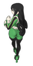 Rule 34 | 1girl, ass, ass focus, asui tsuyu, belt, black eyes, black hair, bodysuit, boku no hero academia, clenched hand, frog girl, from above, from behind, gloves, green bodysuit, hair rings, hand up, highres, long hair, looking to the side, low-tied long hair, panties under bodysuit, simple background, solo, thighs, toshinoshin, white background, white gloves