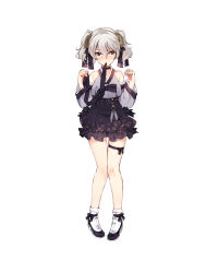 Rule 34 | 1girl, bare shoulders, black ribbon, collarbone, eyebrows, floral print, footwear ribbon, frilled skirt, frills, full body, grey hair, hands up, highres, horns, knees together feet apart, korean clothes, leg ribbon, mole, mole under eye, mouth hold, original, ribbon, sheep girl, sheep horns, shoes, short hair, simple background, skirt, solo, tama (tamatamo), tassel, thigh gap, thigh ribbon, traditional clothes, two side up, white background