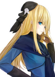 Rule 34 | 1girl, black hat, blonde hair, blue capelet, blue eyes, brown gloves, capelet, fate (series), floating hair, flower, gloves, hat, hat flower, long hair, long sleeves, looking at viewer, lord el-melloi ii case files, niboss, reines el-melloi archisorte, simple background, solo, upper body, white background, white flower