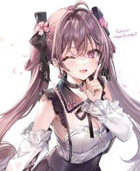Rule 34 | 1girl, :3, ;d, ahoge, armpit peek, black choker, blush, breasts, brown hair, character name, choker, cleavage, commentary request, dated, detached collar, detached sleeves, fang, flower, hair between eyes, hair flower, hair ornament, hair ribbon, hand up, happy birthday, highres, index finger raised, indie virtual youtuber, long hair, looking at viewer, medium breasts, momoko (momopoco), one eye closed, open mouth, petals, pink eyes, ribbon, sakuran, second-party source, simple background, skirt, smile, solo, suspender skirt, suspenders, twintails, upper body, very long hair, virtual youtuber, white background