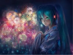 Rule 34 | 1girl, aerial fireworks, aqua hair, bad id, bad pixiv id, fireworks, green eyes, hatsune miku, japanese clothes, long hair, night, occult soda, smile, solo, twintails, vocaloid
