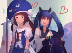 Rule 34 | 2girls, ^ ^, animal ears, blue hair, blue headwear, blue shirt, blunt bangs, brown eyes, brown hair, cat ears, closed eyes, commentary request, cosplay, costume switch, frown, grin, heart, highres, hiiragi mikoto, holding, holding clothes, holding jacket, jacket, japanese clothes, kimono, long hair, long sleeves, looking at viewer, multiple girls, otomachi una, otomachi una (sugar), puffy short sleeves, puffy sleeves, red neckwear, shirt, short sleeves, skirt, smile, tagme, teeth, touhoku kiritan, twintails, upper teeth only, vocaloid, voiceroid, white kimono, white shirt