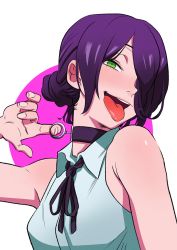 Rule 34 | 1girl, bare shoulders, black choker, black ribbon, breasts, chainsaw man, choker, collared shirt, green eyes, grenade pin, hair over one eye, highres, looking at viewer, open mouth, purple hair, reze (chainsaw man), ribbon, shirt, short hair, simple background, sleeveless, small breasts, solo, ten ten 10 10, tongue, tongue out, two-tone background, white background, white shirt