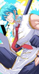 Rule 34 | 1boy, absurdres, black pants, blue eyes, blue hair, chinese clothes, clenched hand, gloves, hair between eyes, highres, looking at viewer, male focus, necktie, pants, red necktie, shen (undead unluck), shishiruto, short hair with long locks, sidelocks, sleeveless, smile, solo, toned, toned male, undead unluck