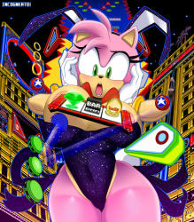 Rule 34 | 1girl, amy rose, animal ears, breasts, casino, convenient censoring, facing viewer, fake animal ears, gloves, green eyes, incogneato, large breasts, leotard, looking at viewer, pantyhose, pinball, pink fur, pink pantyhose, playboy bunny, purple leotard, rabbit ears, sega, solo, sonic (series), sonic the hedgehog, strapless, strapless leotard, thick thighs, thighs, white gloves, wide hips