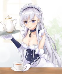 Rule 34 | 1girl, absurdres, apron, azur lane, belfast (azur lane), blue eyes, braid, breasts, chain, cleavage, collar, cowboy shot, cup, elbow gloves, french braid, frilled gloves, frilled sleeves, frills, gloves, grey hair, half updo, highres, holding, holding tray, large breasts, long hair, looking at viewer, low neckline, maid, maid headdress, sleeveless, solo, teacup, tray, tsurupy, underbust, very long hair, waist apron, white gloves
