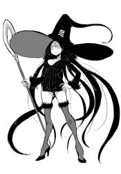 Rule 34 | 1girl, absurdly long hair, black thighhighs, breasts, cleavage, dress, full body, fur trim, greyscale, hand on own hip, hat, high heels, holding, ken (koala), long hair, looking at viewer, monochrome, original, short dress, simple background, smile, solo, staff, standing, thighhighs, very long hair, white background, witch hat, zettai ryouiki
