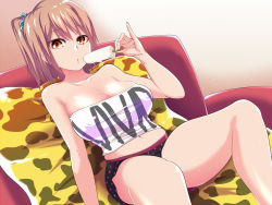 Rule 34 | 1girl, bare shoulders, breasts, brown hair, cleavage, covered erect nipples, food, highres, ice cream, large breasts, legs, looking at viewer, midriff, mint aji, navel, orange eyes, pillow, serious, short hair, short shorts, shorts, side ponytail, simple background, sitting, solo, strapless, sweat, thighs