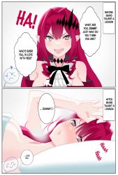 Rule 34 | 4uu (radicalmp head), aftersex, bare shoulders, bed, blush, breasts, choker, cleavage, collarbone, detached sleeves, dress, english text, baobhan sith (fate), fate/grand order, fate (series), frilled dress, frills, grey eyes, hair between eyes, hard-translated, heart, heart-shaped pupils, highres, instant loss, large breasts, long hair, looking at viewer, lying, on bed, open mouth, pointy ears, red dress, red hair, sidelocks, speech bubble, symbol-shaped pupils, third-party edit, tiara, topless