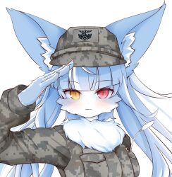 1boy :3 ahoge animal_ear_fluff animal_ears blush camouflage camouflage_jacket cat_ears cat_tail furry furry_male hat heterochromia highres jacket japan_air_self-defense_force_omaezaki_sub-base long_hair official_art omaneko portrait red_eyes salute solo tail tirpitz_bis very_long_hair yellow_eyes