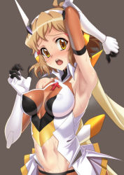 Rule 34 | 10s, 1girl, :o, armpits, blonde hair, blush, bodysuit, breasts, brown background, center opening, collarbone, elbow gloves, covered erect nipples, gloves, headgear, large breasts, looking at viewer, navel, nose blush, open mouth, senki zesshou symphogear, short hair, simple background, solo, stomach, sweat, syunzou, tachibana hibiki (symphogear), upper body, wet, white gloves, wing collar, yellow eyes