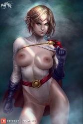 Rule 34 | 1girl, artist name, belt, blonde hair, blue eyes, blue gloves, breasts, breasts out, capelet, censored, cleavage, cleavage cutout, clenched hand, clothing cutout, commentary, contrapposto, dc comics, english commentary, freckles, gloves, hand up, highres, large breasts, leotard, looking at viewer, mole, mole on breast, mosaic censoring, nipples, no bra, no panties, patreon logo, photoshop (medium), power girl, prywinko, pussy, short hair, smirk, solo, standing, superman (series), torn clothes, torn leotard, white leotard