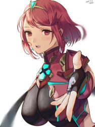 Rule 34 | 1girl, :d, breasts, core crystal (xenoblade), drop earrings, earrings, fingerless gloves, gloves, highres, impossible clothes, jewelry, large breasts, looking at viewer, open mouth, pyra (xenoblade), reaching, reaching towards viewer, red eyes, red hair, short hair, smile, swept bangs, tiara, upper body, white background, xenoblade chronicles (series), xenoblade chronicles 2, yamamori kinako