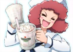Rule 34 | 10s, 1girl, :d, beer mug, blouse, blue neckerchief, blush stickers, closed eyes, commentary, cup, curly hair, dixie cup hat, drinking straw, dual wielding, facing viewer, girls und panzer, hat, heineken, holding, logo, long sleeves, military hat, mug, neckerchief, omachi (slabco), ooarai naval school uniform, open mouth, red hair, rum (girls und panzer), sailor, sailor collar, school uniform, shirt, short hair, smile, solo, standing, upper body, v-shaped eyebrows, white hat, white shirt