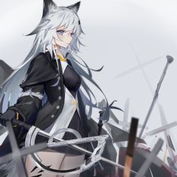 Rule 34 | 1girl, absurdres, arknights, black coat, black dress, black gloves, coat, cowboy shot, dress, gloves, grey background, grey eyes, grey hair, hair ornament, hairclip, highres, holding, holding sword, holding weapon, kotoha (kotoha65), lappland (arknights), lappland (refined horrormare) (arknights), long hair, looking at viewer, material growth, official alternate costume, open clothes, open coat, oripathy lesion (arknights), short dress, solo, standing, sword, thighs, very long hair, weapon