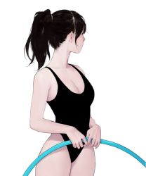 Rule 34 | 1girl, athletic leotard, bad id, bad instagram id, bare shoulders, black hair, breasts, cleavage, collarbone, cowboy shot, gym uniform, holding, hoop, hula hoop, large breasts, leotard, long hair, looking to the side, original, pale skin, ponytail, simple background, solo, white background