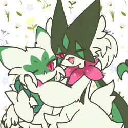 Rule 34 | absurdres, cape, closed mouth, creatures (company), floragato, flower, furry, game freak, green fur, highres, mask, meowscarada, nintendo, open mouth, pink eyes, pokemon, pokemon (creature), smile, tail, watamonya, wavy mouth