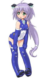 Rule 34 | 10s, 1girl, :d, ahoge, bad id, bad pixiv id, bare shoulders, blush, busou shinki, dd (ijigendd), elbow gloves, gloves, green eyes, leaning forward, leotard, long hair, low-tied long hair, open mouth, ponytail, purple hair, purple thighhighs, simple background, smile, solo, thighhighs, vervietta, very long hair, white background