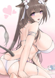 Rule 34 | 1girl, absurdres, animal ears, ass, azur lane, back, bare legs, barefoot, bikini, blush, bottle, breasts, brown hair, commentary, cow ears, cow girl, cow horns, cow tail, eyelashes, flower, from behind, gradient background, hair flower, hair ornament, hair ribbon, heart, heart-shaped pupils, highres, horns, huge breasts, kashino (azur lane), kashino (hot springs relaxation) (azur lane), lagijay, long hair, looking at viewer, looking back, milk bottle, open mouth, pink background, purple eyes, ribbon, saliva, saliva trail, sideboob, simple background, sitting, solo, spill, spilled milk, swimsuit, symbol-shaped pupils, tail, thigh strap, wariza, white background, white bikini, white flower
