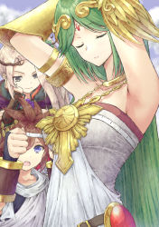 Rule 34 | 1boy, 2girls, ancient greek clothes, angel, aramachi, armlet, armpits, arms behind head, bare shoulders, blonde hair, blue eyes, breasts, brown hair, chiton, dress, gold, green hair, highres, jewelry, kid icarus, kid icarus uprising, long hair, measuring, multiple girls, neck ring, necklace, nintendo, palutena, parted bangs, pendant, pit (kid icarus), smile, strapless, strapless dress, vambraces, very long hair, viridi, white dress