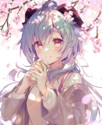 Rule 34 | 1girl, ahoge, alternate costume, bag, blue hair, blush, casual, cherry blossoms, coat, cup, disposable cup, falling petals, fingernails, ganyu (genshin impact), genshin impact, goat horns, hair ornament, hairclip, highres, holding, holding cup, horns, jewelry, long hair, memeno, multicolored eyes, off shoulder, petals, purple eyes, ring, simple background, smile, solo, sweater