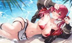 1girl :o ayamy beach bikini black_jacket breasts commentary_request food heterochromia holding holding_food holding_popsicle hololive houshou_marine houshou_marine_(summer) jacket large_breasts long_hair long_sleeves looking_at_viewer lying navel ocean official_alternate_costume on_side popsicle red_bikini red_eyes red_hair shorts solo swimsuit thighs twintails virtual_youtuber white_shorts yellow_eyes