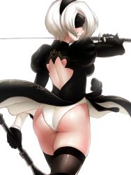 Rule 34 | 1girl, ass, back cutout, black dress, black thighhighs, blindfold, clothing cutout, cowboy shot, dress, dual wielding, finalcake, gloves, hairband, highres, holding, holding sword, holding weapon, juliet sleeves, leotard, long sleeves, nier (series), nier:automata, puffy sleeves, shiny skin, short hair, silver hair, simple background, skindentation, solo, sword, thighhighs, two-sided fabric, two-sided skirt, weapon, white background, white leotard, 2b (nier:automata)