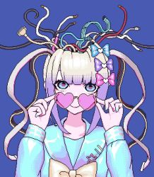Rule 34 | 1girl, blue background, blue eyes, bow, bowtie, cable, chouzetsusaikawa tenshi-chan, cracked skin, eencya, ethernet cable, gradient hair, grey hair, hair bow, heart, heart-shaped eyewear, holographic clothing, large bow, looking at viewer, multicolored hair, multicolored nails, multiple hair bows, nail polish, needy girl overdose, pin, pixel art, purple hair, removing eyewear, sailor collar, sata cable, school uniform, serafuku, simple background, smile, solo, upper body