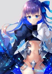 Rule 34 | 10s, 1girl, armor, arms at sides, artist name, blue eyes, blue hair, blue ribbon, blush, brown hair, closed mouth, commentary request, crotch plate, fate/extra, fate/extra ccc, fate (series), gradient hair, grey background, groin, hair ribbon, hands in opposite sleeves, highres, juliet sleeves, light particles, long hair, long sleeves, meltryllis (fate), meltryllis (second ascension) (fate), multicolored hair, navel, nonono (nononotea), puffy sleeves, purple hair, revealing clothes, ribbon, simple background, smile, solo, stomach, thigh gap, tsurime, very long hair, waist cape