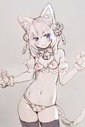 Rule 34 | 1girl, animal ears, animal hands, bare shoulders, bell, blue eyes, blush, bow (bhp), bra, contrapposto, cowboy shot, crotchless, crotchless panties, cupless bra, detached sleeves, gloves, grey background, hand up, head tilt, jingle bell, looking at viewer, navel, original, panties, parted lips, paw gloves, pussy, simple background, sketch, smile, solo, standing, tail, thighhighs, underwear