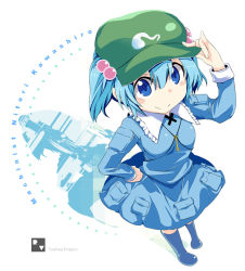 Rule 34 | 1girl, adjusting clothes, adjusting headwear, blue eyes, blue hair, boots, female focus, hair bobbles, hair ornament, hand on headwear, hat, kawashiro nitori, key, matching hair/eyes, maturiuta sorato, rubber boots, solo, touhou, twintails, two side up