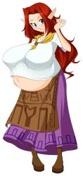Rule 34 | 1girl, blue eyes, blush, boots, breasts, female focus, full body, highres, huge breasts, long hair, looking at viewer, malon, navel, nintendo, no bra, pointy ears, pregnant, red hair, saburox, solo, the legend of zelda, the legend of zelda: ocarina of time