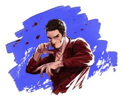 Rule 34 | 1boy, black eyes, black hair, blood, blood on face, blue background, closed mouth, collarbone, collared shirt, dress shirt, fighting stance, hair slicked back, hands up, highres, hongjiupingzi, kiryu kazuma, looking at viewer, male focus, partially unbuttoned, red shirt, ryuu ga gotoku (series), shirt, short hair, solo, upper body