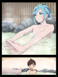 Rule 34 | 2boys, bathing, black border, blue eyes, blue hair, blush, border, brown eyes, brown hair, collarbone, comic, commentary request, creatures (company), florian (pokemon), game freak, grusha (pokemon), highres, interlocked fingers, looking at another, male focus, min (myna8247), multiple boys, nintendo, nude, onsen, outstretched arms, own hands together, parted lips, partially submerged, pokemon, pokemon sv, ripples, short hair, steam, stretching, water, wet, yaoi