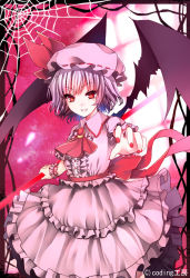 Rule 34 | 1girl, ascot, bat wings, bow, brooch, dress, frilled dress, frills, hat, hat bow, holding, jewelry, light purple hair, looking at viewer, mob cap, nail polish, open mouth, reaching, red eyes, red nails, remilia scarlet, ribbon-trimmed headwear, ribbon trim, silk, solo, spear the gungnir, spider web, toufukin, touhou, wings