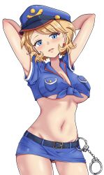 Rule 34 | 1girl, absurdres, alternate costume, arms behind head, belt, blonde hair, blue eyes, blue headwear, blue shirt, blue skirt, breast pocket, breasts, collared shirt, commentary request, cosplay, creatures (company), cuffs, earrings, game freak, handcuffs, hat, highres, jenny (pokemon), jenny (pokemon) (cosplay), jewelry, large breasts, looking at viewer, maho (corotonton5150), microskirt, midriff, navel, nintendo, pencil skirt, pocket, pokemon, pokemon (anime), pokemon journeys, pokemon swsh105, police, police hat, police uniform, policewoman, serena (pokemon), shirt, short hair, short sleeves, skirt, tied shirt, underboob, uniform, white background